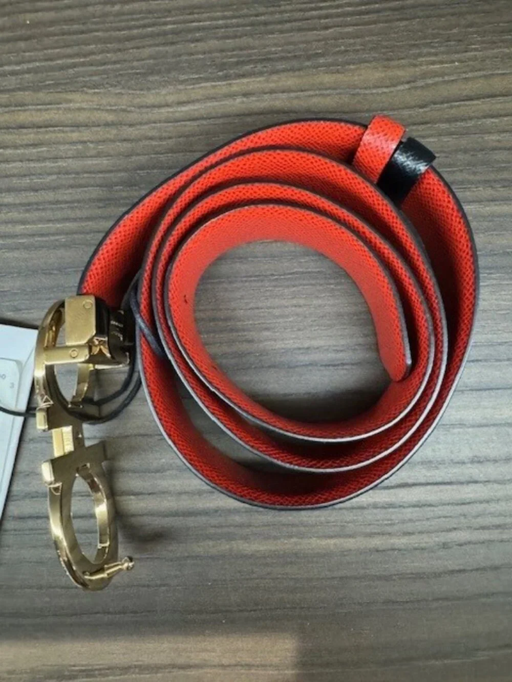 Salvatore Ferragamo Black Exterior Red Interior Leather Belt with Gold Gancini